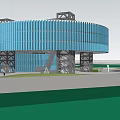 Modern Blue Circular Building With Metal Support Structure And Architectural Design