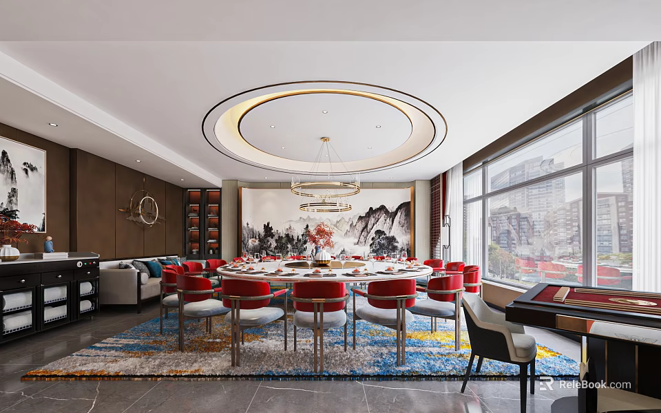 Elegant Private Room Interior With Round Table Red Chairs And Landscape Painting 3d model 