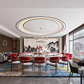 Elegant Private Room Interior With Round Table Red Chairs And Landscape Painting