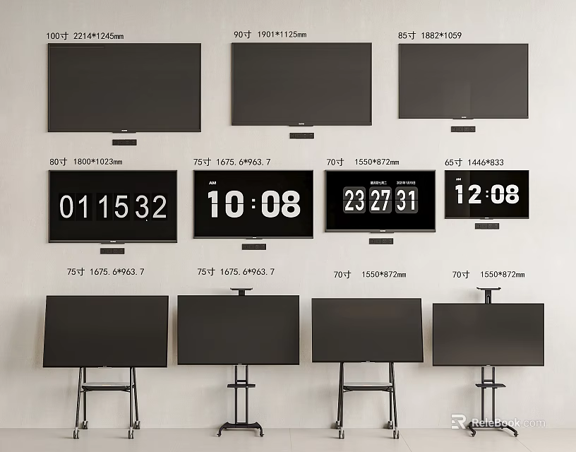 Modern TVs In Various Sizes With Wall And Stand Mounted Digital Time Displays 3d model