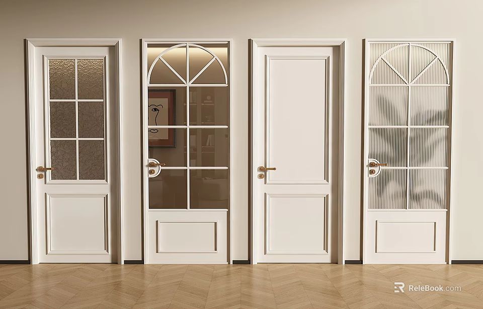 Four White Swing Doors With Glass And Solid Panel Designs In Modern Style 3d model 