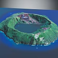 Volcanic Island Terrain With Central Crater Lake And Lush Green Vegetation Surrounded By Blue Ocean