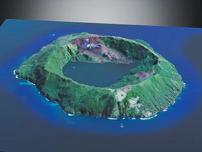 Volcanic Island Terrain With Central Crater Lake And Lush Green Vegetation Surrounded By Blue Ocean 3d model