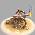 Old Firing Cannon With Wooden Wheels Flame Smoke And Cannonballs On Sand