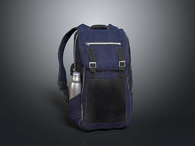 Durable Practical Dark Blue Backpack With Silver Water Bottle For Daily Use 3d model