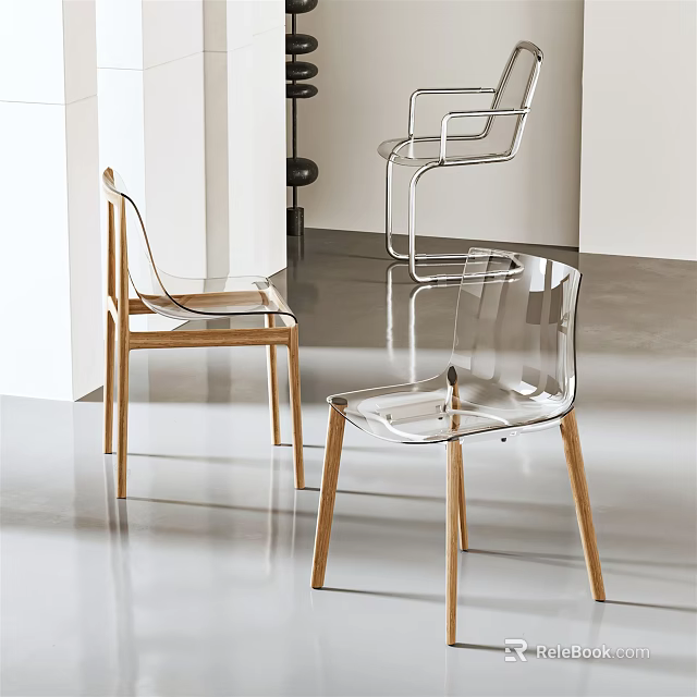 Modern Transparent Dining Chairs With Wooden Legs In Minimalist Interior Design 3d model 