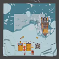 Cartoon Animated Arctic Scene With Orange Tugboat Icebergs Seagulls Buildings And Icy Ocean
