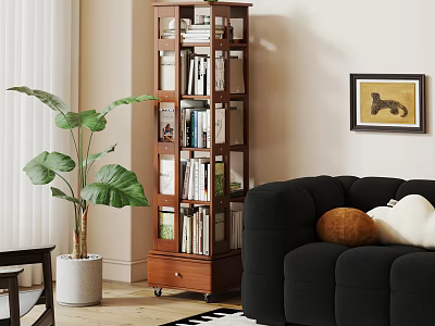 Modern Wooden Bookcase With Shelves And Drawer In Living Room Interior With Sofa And Plant 3d model