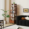 Modern Wooden Bookcase With Shelves And Drawer In Living Room Interior With Sofa And Plant