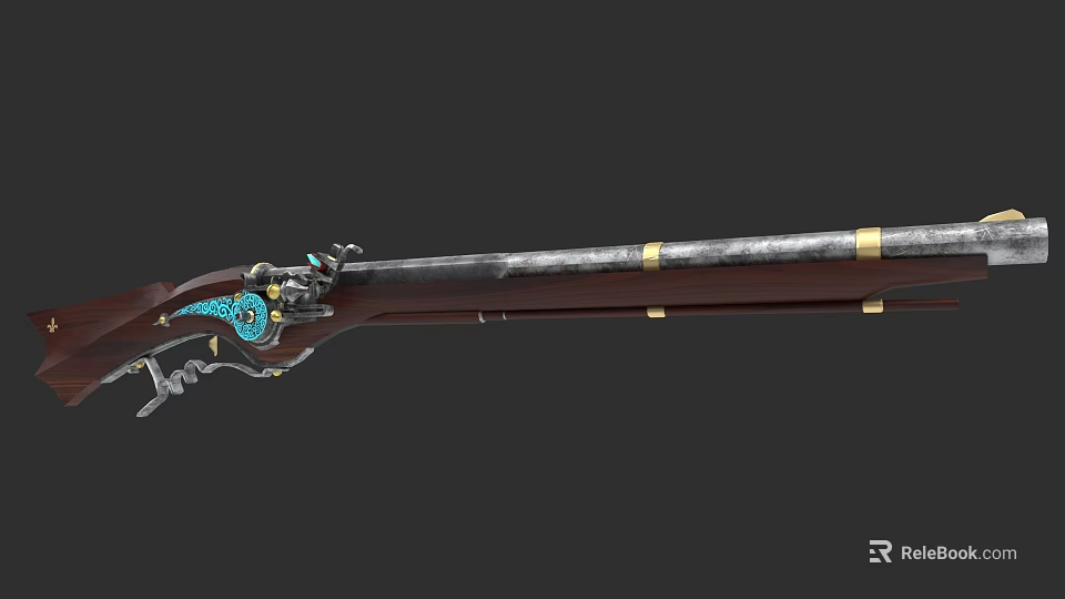 Vintage Rifle With Wooden Stock Metal Barrel Blue Accents And Golden Stripes 3d model 