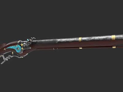 Vintage Rifle With Wooden Stock Metal Barrel Blue Accents And Golden Stripes 3d model