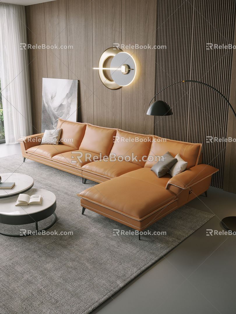 Modern Corner Sofa Orange Leather Simple Sofa 3d model