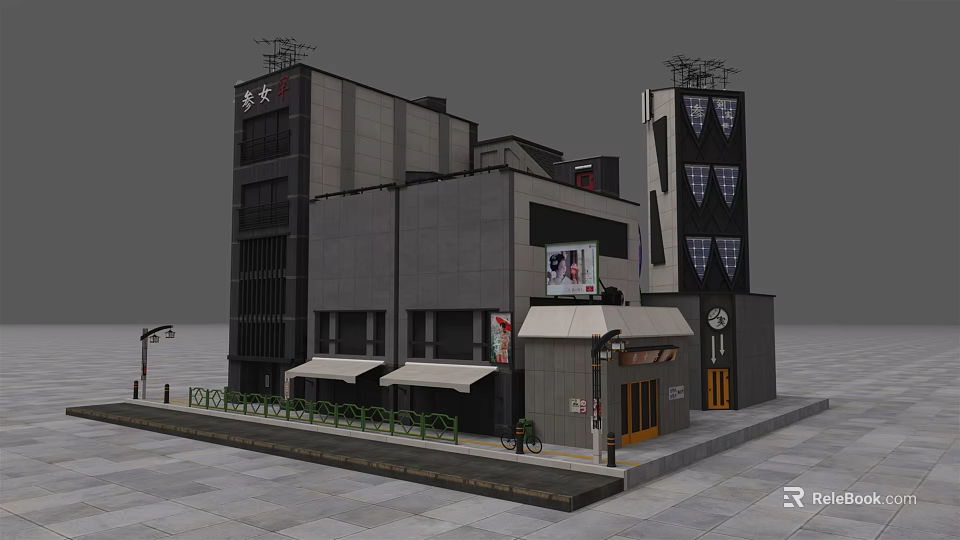 Modern Multi Story Commercial Complex With Billboard Awnings Clock And Plaza Area 3d model 