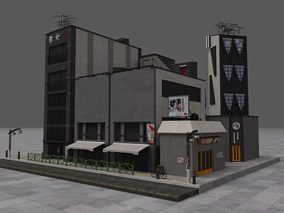 Modern Multi Story Commercial Complex With Billboard Awnings Clock And Plaza Area 3d model