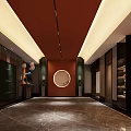 Hotel Corridor Design Featuring Red Ceiling Warm Lighting Circular Decor And Polished Marble Floor 3d model