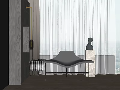 Modern Leisure Chair With Curved Design In Interior Near White Curtains And Decorative Vase 3d model