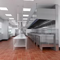 Commercial Kitchen Interior With Stainless Steel Worktables Shelves Windows And Ceiling Lights