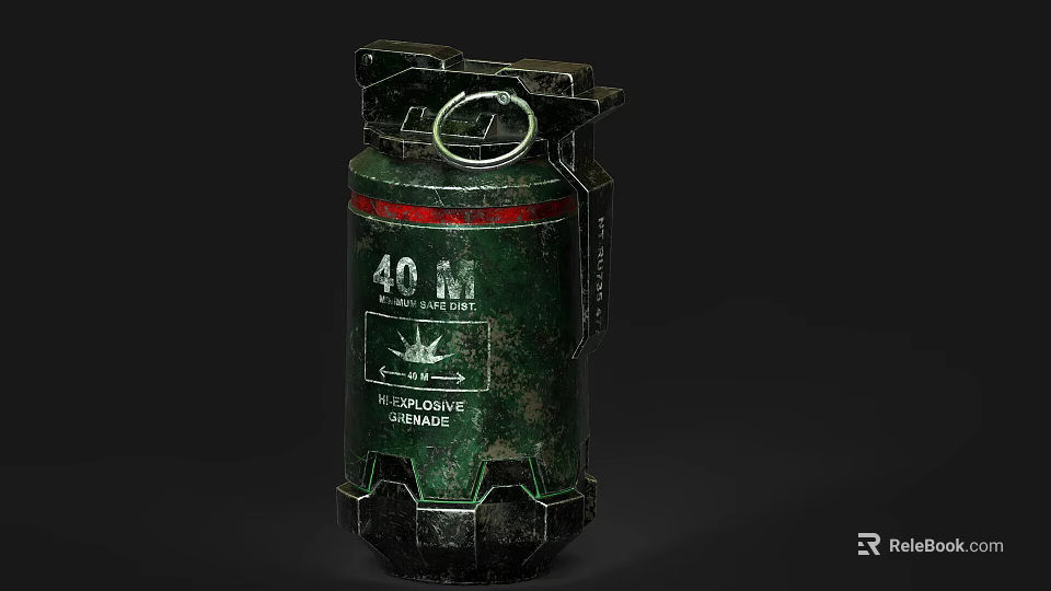 Military 40mm HE Grenade Weapon With Green Body Red Stripe And Metal Ring 3d model 