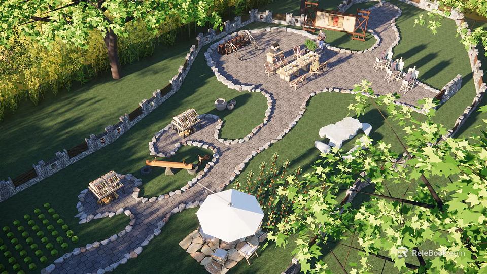 Rural Landscape Featuring Winding Stone Pathways Lush Lawn Stone Walls Wooden Tables And White Umbrella 3d model 