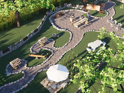 Rural Landscape Featuring Winding Stone Pathways Lush Lawn Stone Walls Wooden Tables And White Umbrella 3d model