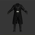 Dark Colored Outfit With Long Black Coat White Belt Red Striped Sleeves Black Pants Boots