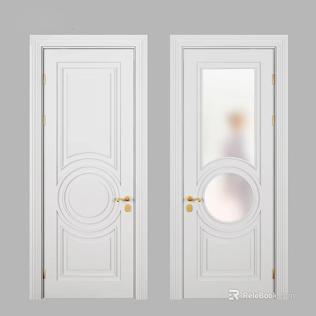 Elegant White Swing Doors With Decorative Patterns Glass Panel And Golden Handles 3d model 