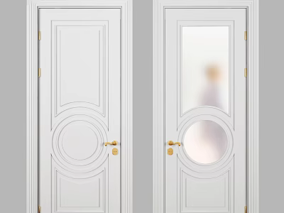 Elegant White Swing Doors With Decorative Patterns Glass Panel And Golden Handles 3d model