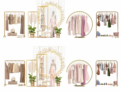 Golden Clothes Hangers Displaying Various Dresses Coats In Fashion Retail Setup With Plants Mirrors 3d model