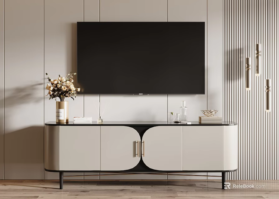 Modern Light Colored TV Stand With Wall Mounted TV Decorative Vase And Striped Wall 3d model 