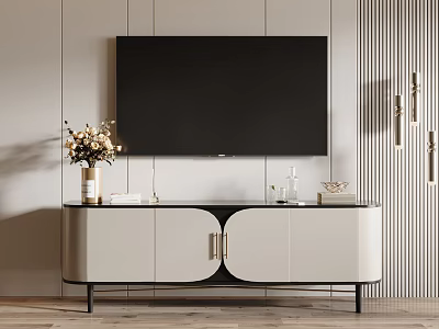 Modern Light Colored TV Stand With Wall Mounted TV Decorative Vase And Striped Wall 3d model