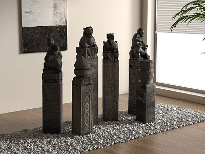 Decorative Stone Pillars With Carved Lion Statues On Pebble Surface In Interior 3d model