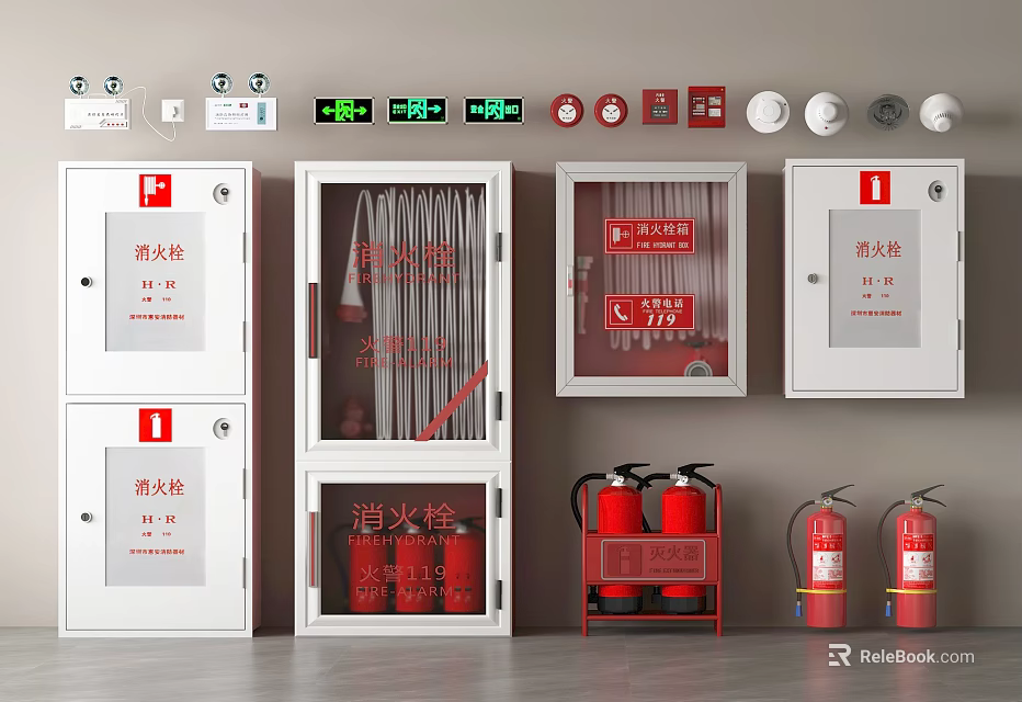 Wall Mounted Fire Safety Equipment Including Fire Hydrants Extinguishers Cabinets And Control Panels 3d model 