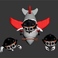 Three Black White Cartoon Toy Figures With Airplane Model Goggles Red Base Design