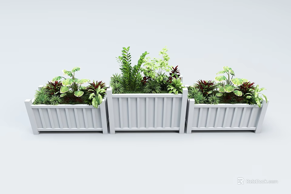Three White Rectangular Garden Planters With Various Green Plants And Flowers 3d model