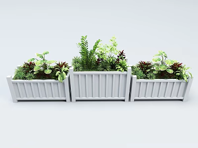 Three White Rectangular Garden Planters With Various Green Plants And Flowers 3d model