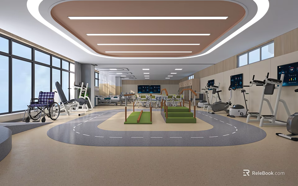 Hospital Outpatient Rehabilitation Training Area with Fitness Equipment Green Steps and Circular Track 3d model 