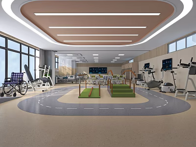 Hospital Outpatient Rehabilitation Training Area with Fitness Equipment Green Steps and Circular Track 3d model