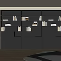 Modern Dark Gray Built in Bookcase With Multiple Shelves Books Photo Frames And Wooden Wall Panel