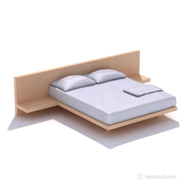 Modern Minimalist Double Bed Design With Wooden Headboard Side Shelves And Pillows 3d model 
