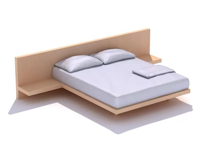 Modern Minimalist Double Bed Design With Wooden Headboard Side Shelves And Pillows 3d model