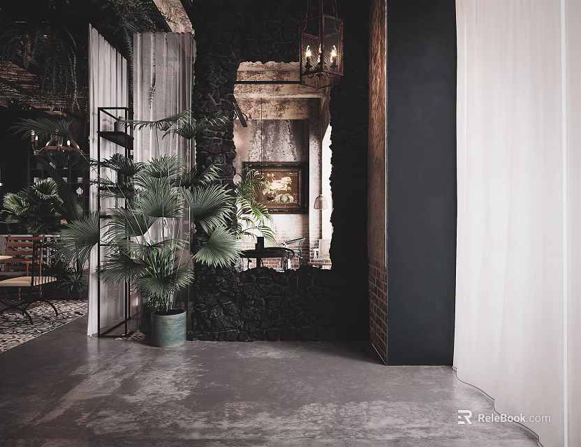 Industrial Style Cafe Interior With Stone Wall Wooden Decor Green Plants And Hanging Chandeliers 3d model 