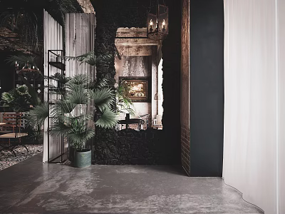 Industrial Style Cafe Interior With Stone Wall Wooden Decor Green Plants And Hanging Chandeliers 3d model