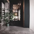 Industrial Style Cafe Interior With Stone Wall Wooden Decor Green Plants And Hanging Chandeliers