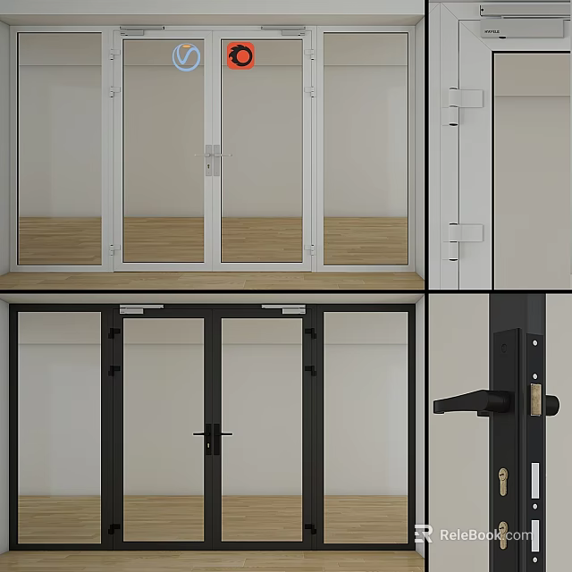 Modern Hinged Doors With Glass Panels Black White Frames And Handle Details 3d model 
