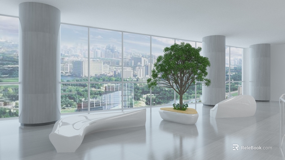 Modern Public Chair Design In Bright Space With Large Windows City View And Green Tree 3d model 