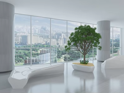 Modern Public Chair Design In Bright Space With Large Windows City View And Green Tree 3d model