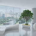 Modern Public Chair Design In Bright Space With Large Windows City View And Green Tree