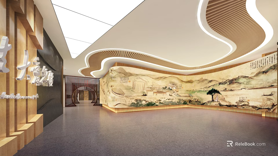 Spacious Modern Hall Interior Design With Traditional Mural And Wooden Curved Ceiling 3d model 