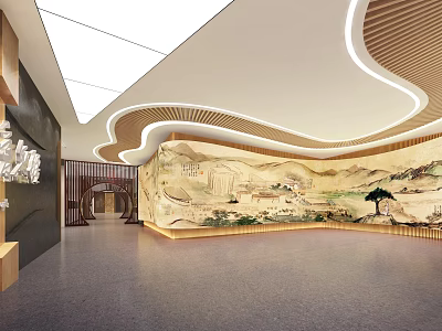 Spacious Modern Hall Interior Design With Traditional Mural And Wooden Curved Ceiling 3d model