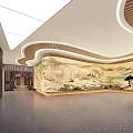 Spacious Modern Hall Interior Design With Traditional Mural And Wooden Curved Ceiling